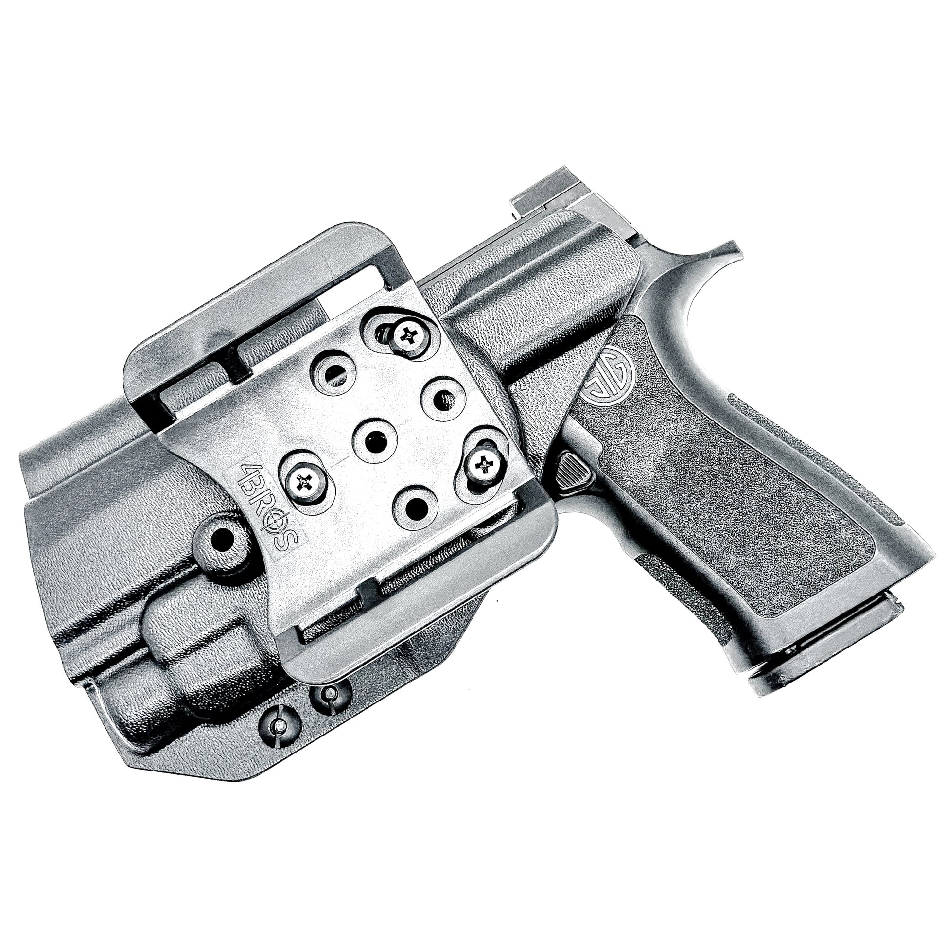 Black Outside Waistband OWB Holster for the Sig Sauer P320 Compact/Carry pistol and a Streamlight TLR-7 X or HL-X & Align Tactical Thumb Rest shown with a 4BROS 1.5" Belt Slide.