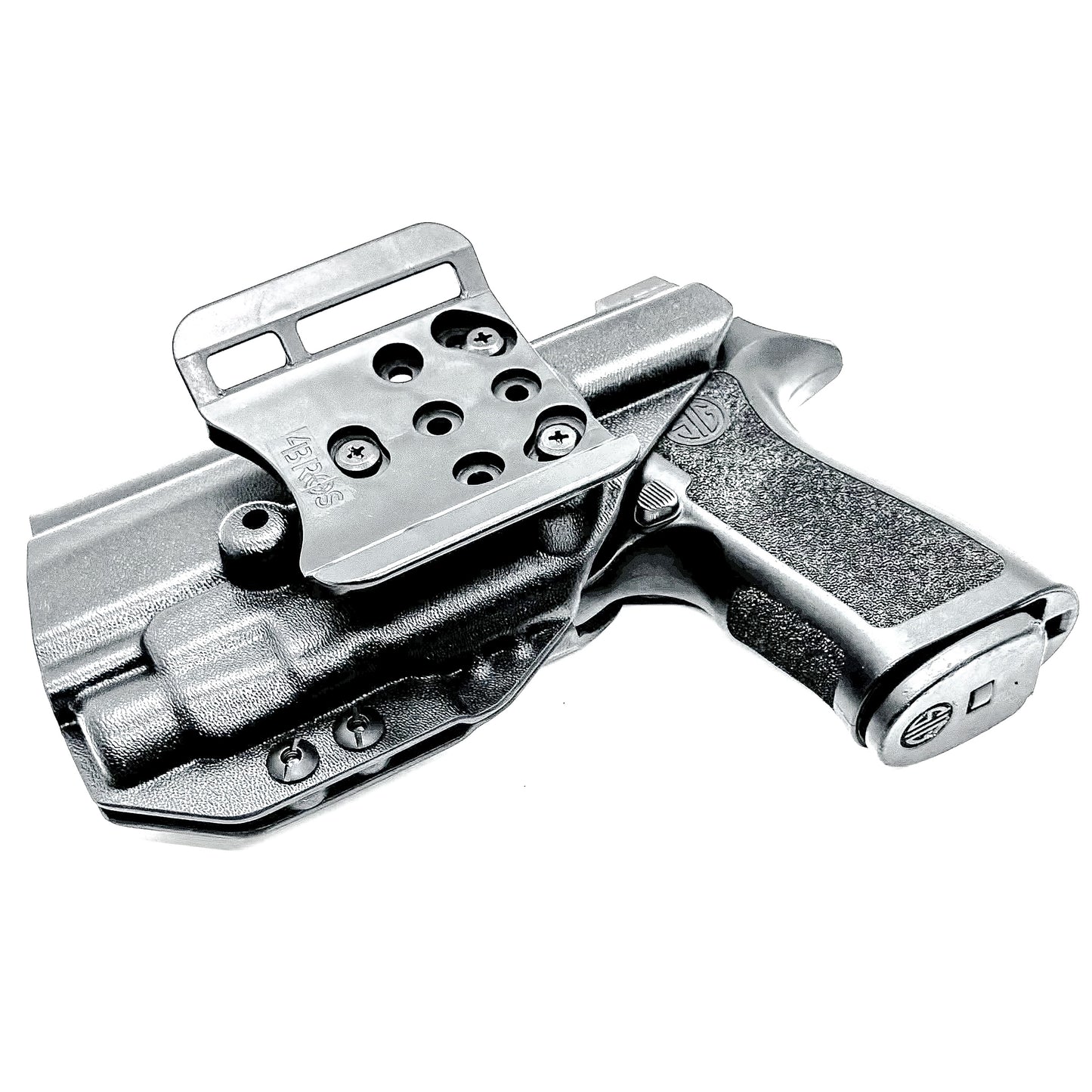 Black Outside Waistband OWB Holster for the Sig Sauer P320 Compact/Carry pistol and a Streamlight TLR-7 X or HL-X & Align Tactical Thumb Rest shown with a 4BROS 1.5" Belt Slide.