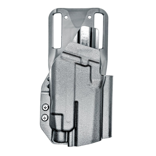 Black OWB Duty & Competition Holster for the Sig Sauer Carry and Compact P320 & Streamlight TLR-7 X or HL-X & GoGun USA Gas Pedal Duty with a duty drop attachment.