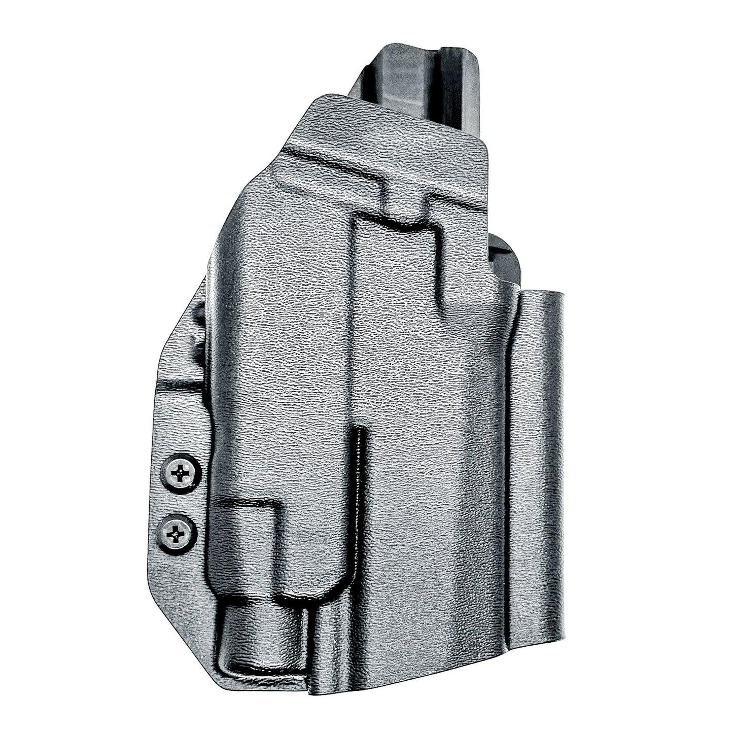 Outside Waistband OWB Holster for the Sig Sauer P320 Compact, Carry and M18 pistols with a Streamlight TLR-7 X & HL-X & Gas Pedal.  Shown in black with a 4BROS 1.5" Belt Slide.