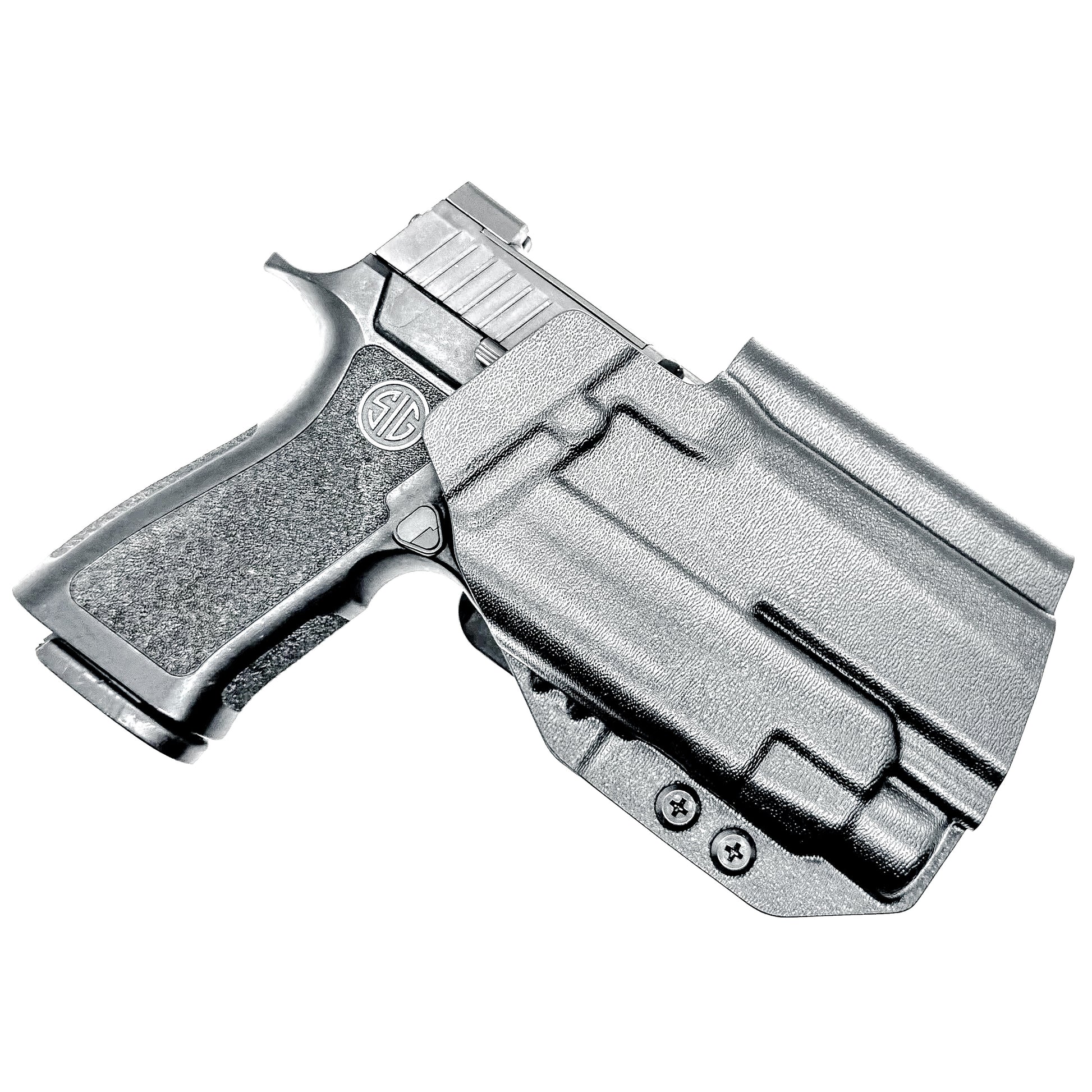 Outside Waistband OWB Holster for the Sig Sauer P320 Compact, Carry and M18 pistols with a Streamlight TLR-7 X & HL-X & Gas Pedal.  Shown in black with a 4BROS 1.5" Belt Slide.
