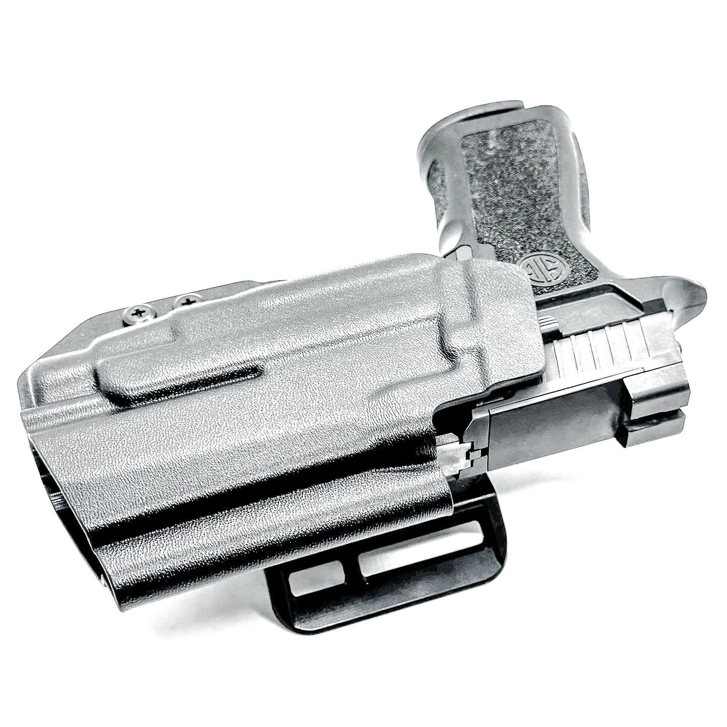 Outside Waistband OWB Holster for the Sig Sauer P320 Compact, Carry and M18 pistols with a Streamlight TLR-7 X & HL-X & Gas Pedal.  Shown in black with a 4BROS 1.5" Belt Slide.