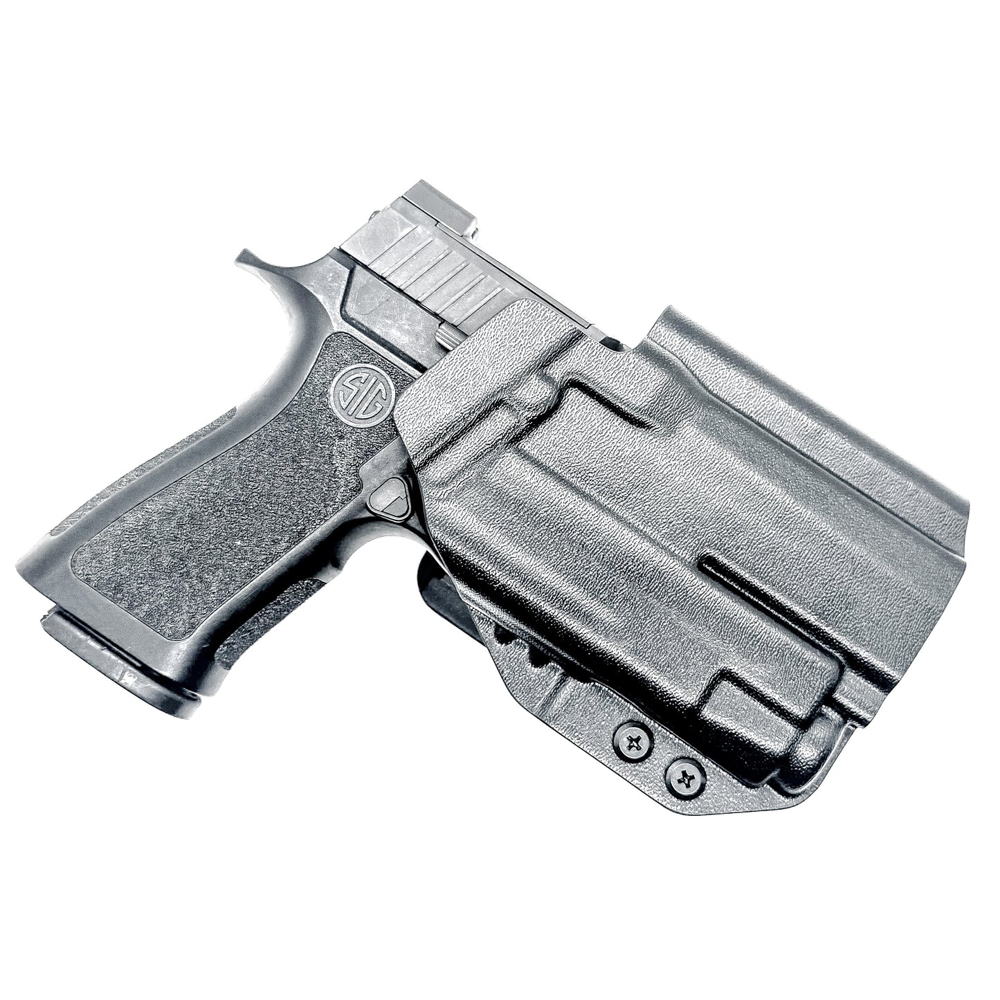 Black Outside Waistband OWB Holster for the Sig Sauer P320 Compact or Carry pistol and a Streamlight TLR-7 X or A shown with the 4BROS 1.5" Belt Slide.