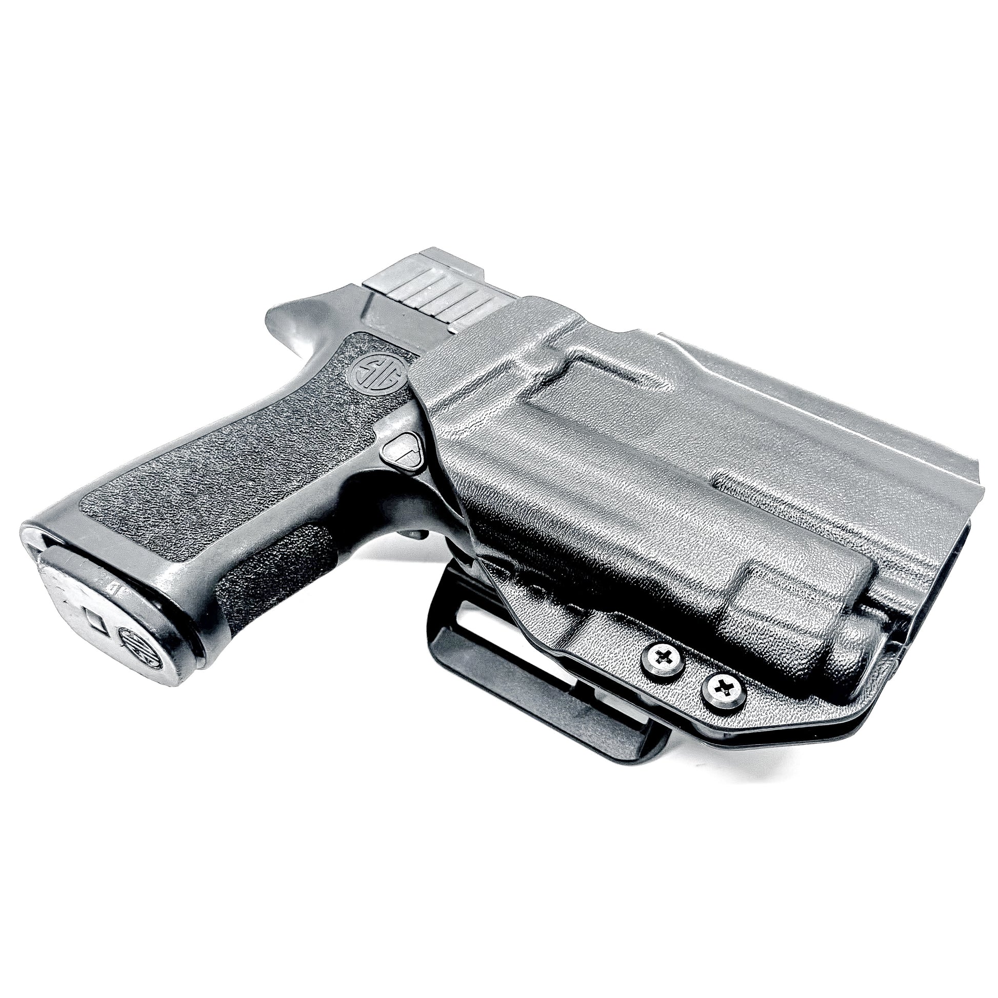 Black Outside Waistband OWB Holster for the Sig Sauer P320 Compact or Carry pistol and a Streamlight TLR-7 X or A shown with the 4BROS 1.5" Belt Slide.