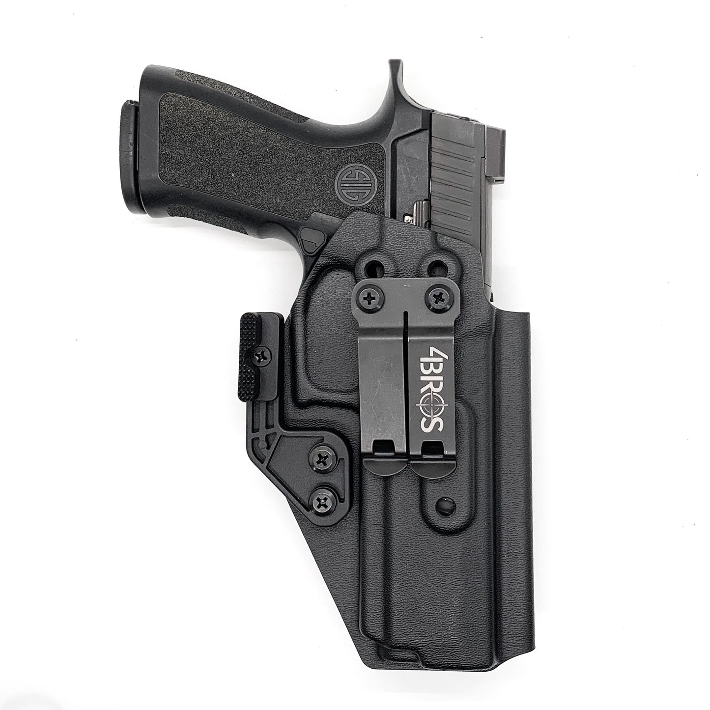 For the best inside Waistband Kydex holster designed to fit the Sig Sauer P320 Full size and M17 pistols shop Four Brothers Holsters. Full sweatguard, adjustable retention, adjustable ride height, and cant.  Minimal material, smooth edges to reduce printing, accommodates most red dot sights.  Proudly made in the USA.