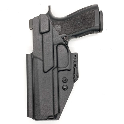 For the best inside Waistband Kydex holster designed to fit the Sig Sauer P320 Full size and M17 pistols shop Four Brothers Holsters. Full sweatguard, adjustable retention, adjustable ride height, and cant.  Minimal material, smooth edges to reduce printing, accommodates most red dot sights.  Proudly made in the USA.