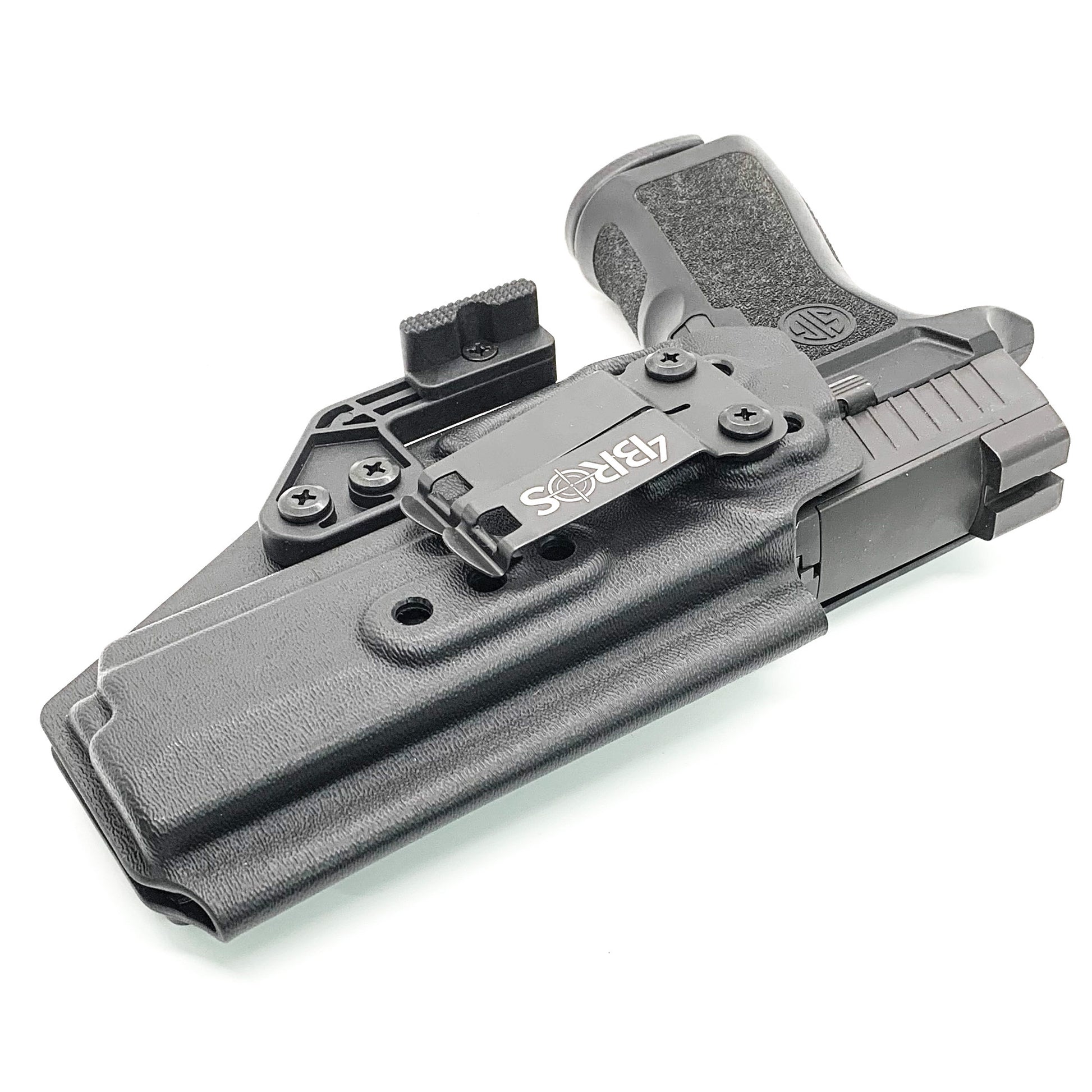 For the best inside Waistband Kydex holster designed to fit the Sig Sauer P320 Full size and M17 pistols shop Four Brothers Holsters. Full sweatguard, adjustable retention, adjustable ride height, and cant.  Minimal material, smooth edges to reduce printing, accommodates most red dot sights.  Proudly made in the USA.