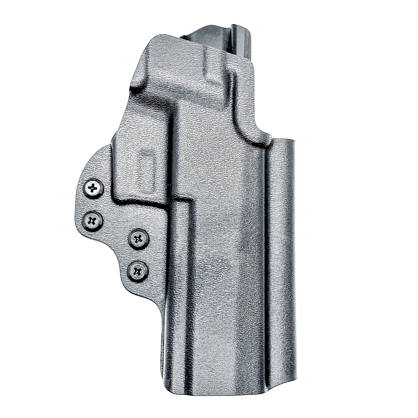 Black OWB Outside Waistband kydex holster for the Sig P320 pistols with GoGuns USA Gas Pedal installed on the handgun and a duty drop attachment.