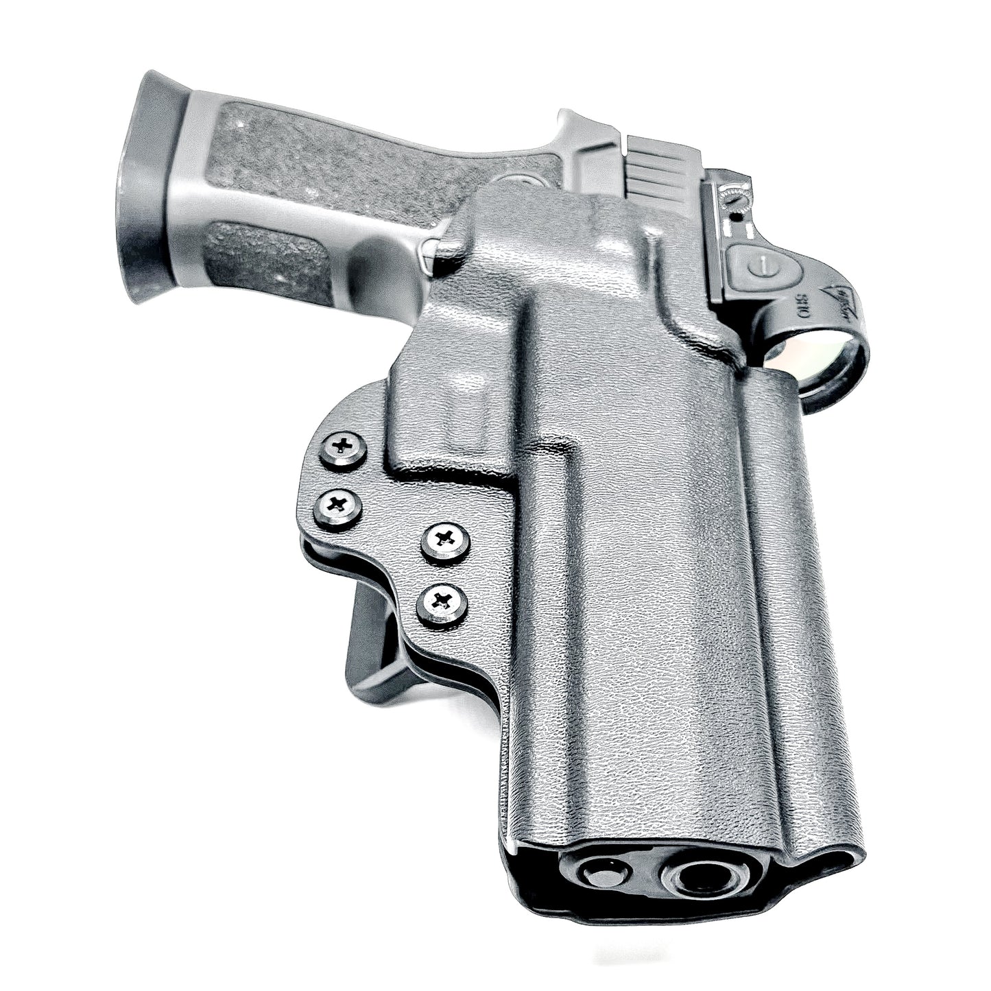 Black OWB Outside Waistband kydex holster for the Sig P320 pistols with GoGuns USA Gas Pedal installed on the handgun and a duty drop attachment.