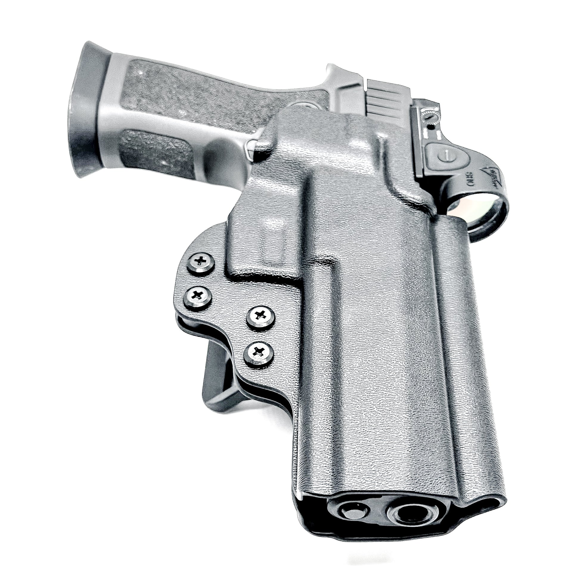 Black OWB Outside Waistband kydex holster for the Sig P320 pistols with GoGuns USA Gas Pedal installed on the handgun and a duty drop attachment.