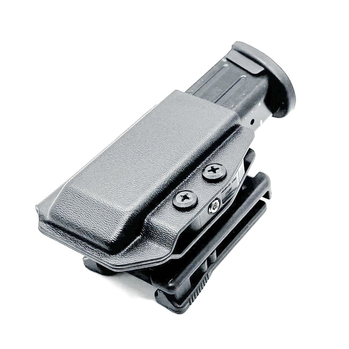 Black Kydex OWB Outside Waistband magazine pouch for Sig Sauer P320 from Four Brothers Holsters.  Adjustable retention.