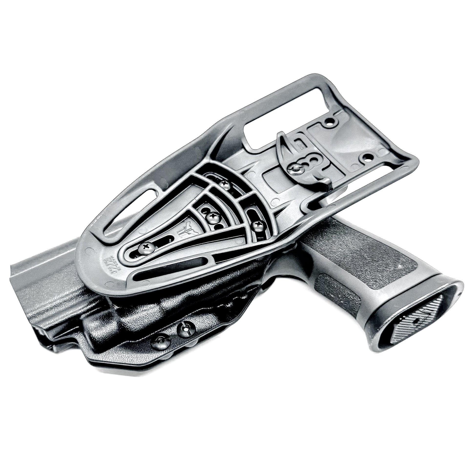 Outside Waistband OWB Duty & Competition holster for the Sig Sauer P320 pistol & Streamlight TLR-7 X,  A or HL-X.  Shown in black with a Duty Drop Attachment.