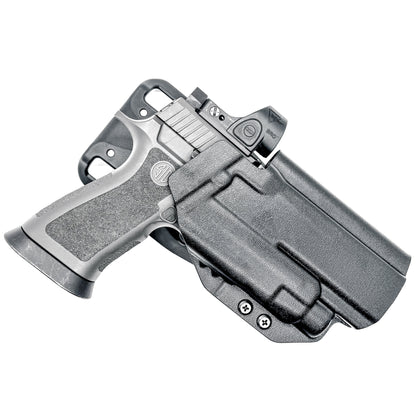Outside Waistband OWB Duty & Competition holster for the Sig Sauer P320 pistol & Streamlight TLR-7 X,  A or HL-X.  Shown in black with a Duty Drop Attachment.
