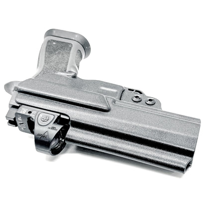 Black IWB, AIWB, Inside Waistband Kydex holster for the Sig Sauer P320 X-Five Legion pistols with a DCC Monoblock and a Modwing.