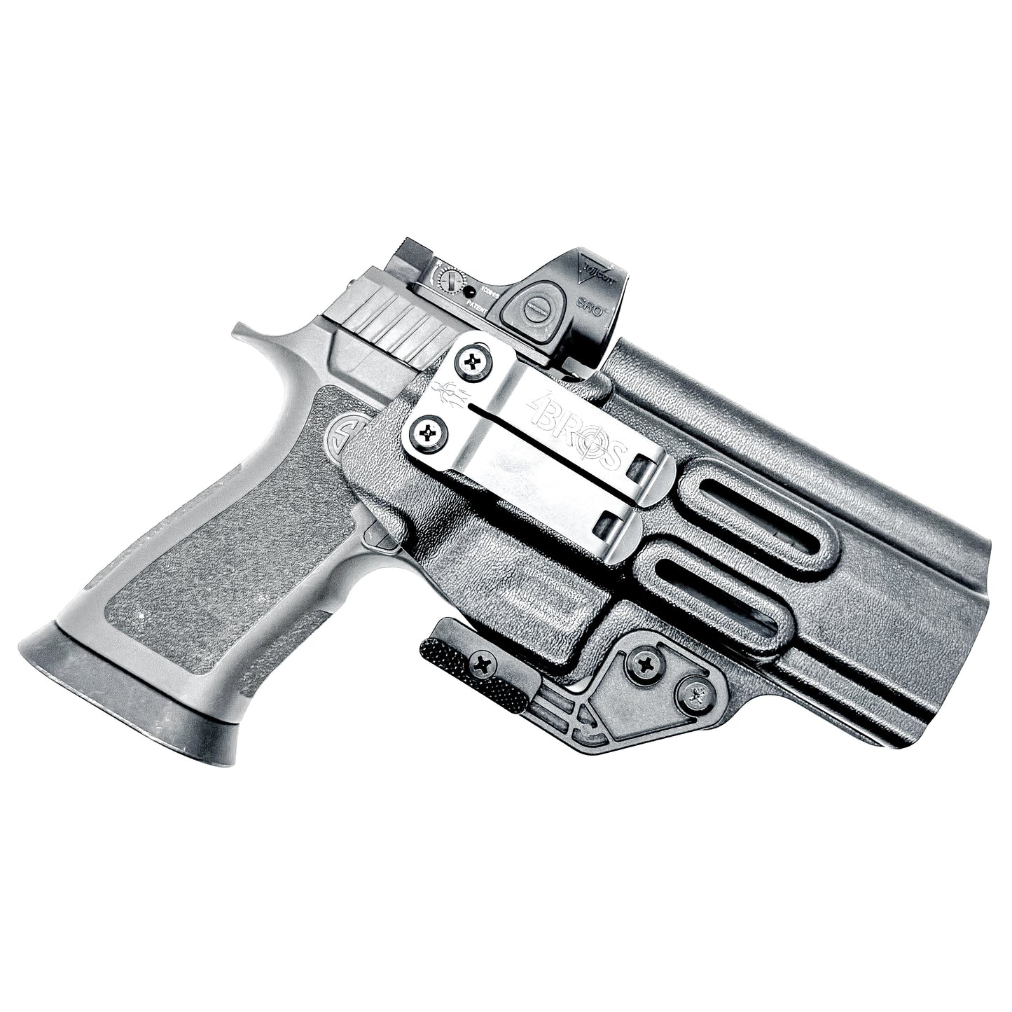 Black IWB, AIWB, Inside Waistband Kydex holster for the Sig Sauer P320 X-Five Legion pistols with a DCC Monoblock and a Modwing.