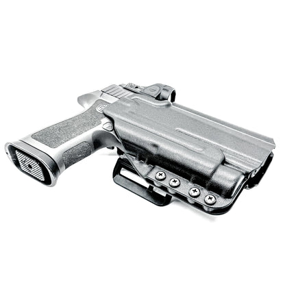 OWB Holster for the Sig Sauer P320 Full Size, Carry, Compact, M17, M18, X-Five or X5 pistol & Streamlight TLR-1, shown in Black with a 4BROS 1.5" Belt Slide.