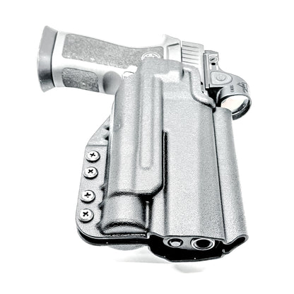 OWB Holster for the Sig Sauer P320 Full Size, Carry, Compact, M17, M18, X-Five or X5 pistol & Streamlight TLR-1, shown in Black with a 4BROS 1.5" Belt Slide.