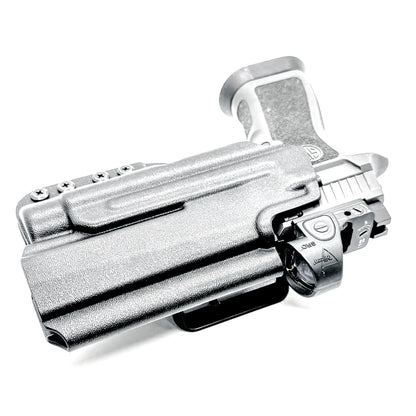 OWB Holster for the Sig Sauer P320 Full Size, Carry, Compact, M17, M18, X-Five or X5 pistol & Streamlight TLR-1, shown in Black with a 4BROS 1.5" Belt Slide.