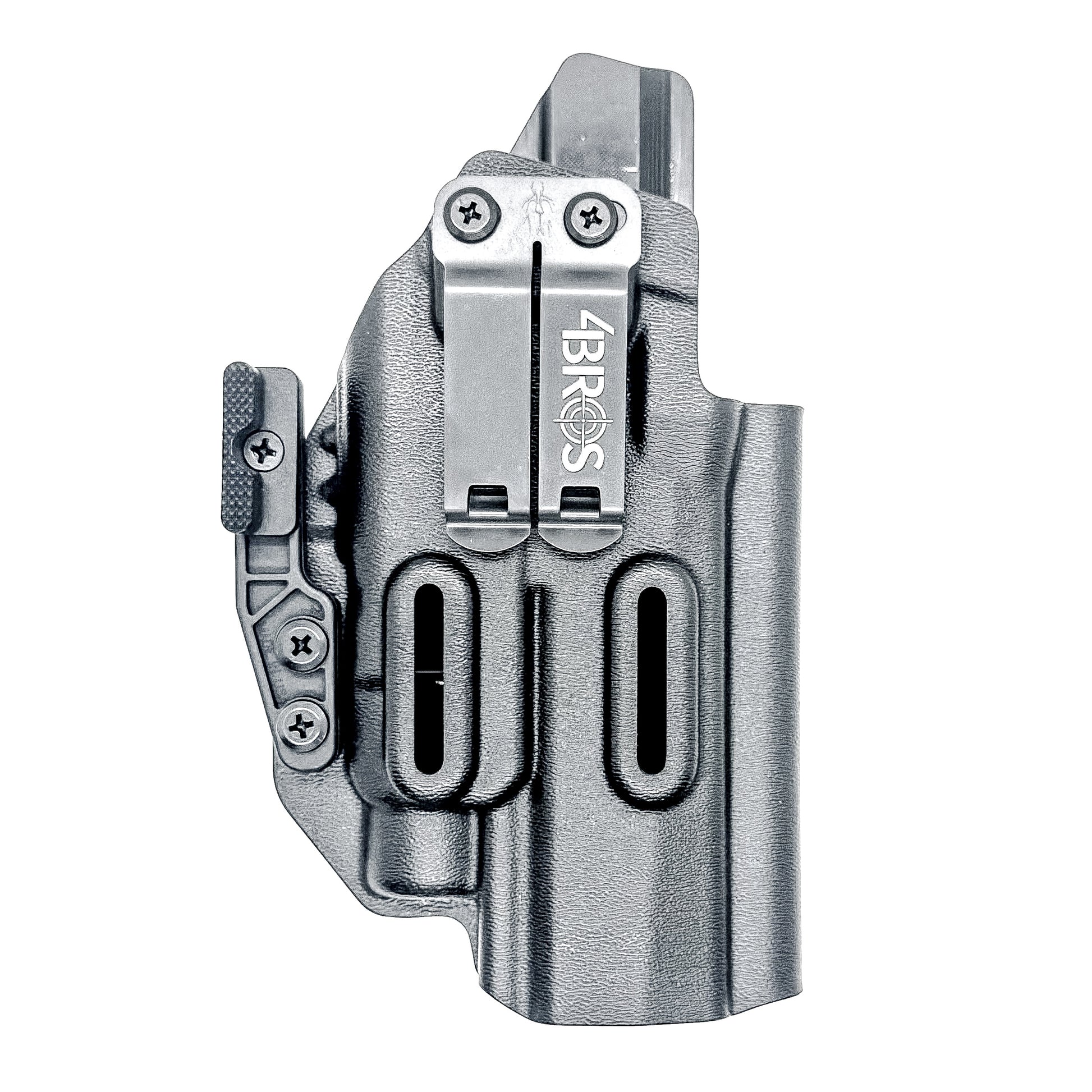 Inside Waistband IWB AIWB holster for the Sig Sauer P320 pistol & Streamlight TLR-7 X or A .  Shown in black with the DCC Monoblock and a Modwing.