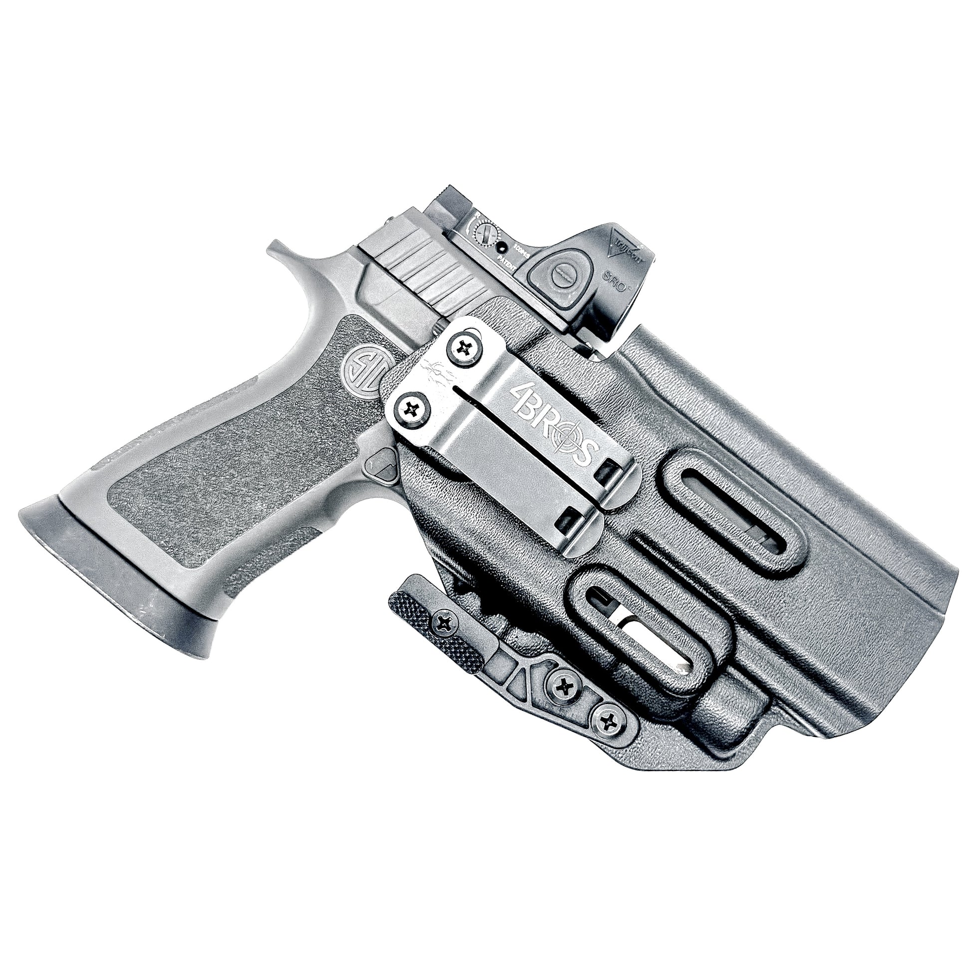 Inside Waistband IWB AIWB holster for the Sig Sauer P320 pistol & Streamlight TLR-7 X or A .  Shown in black with the DCC Monoblock and a Modwing.