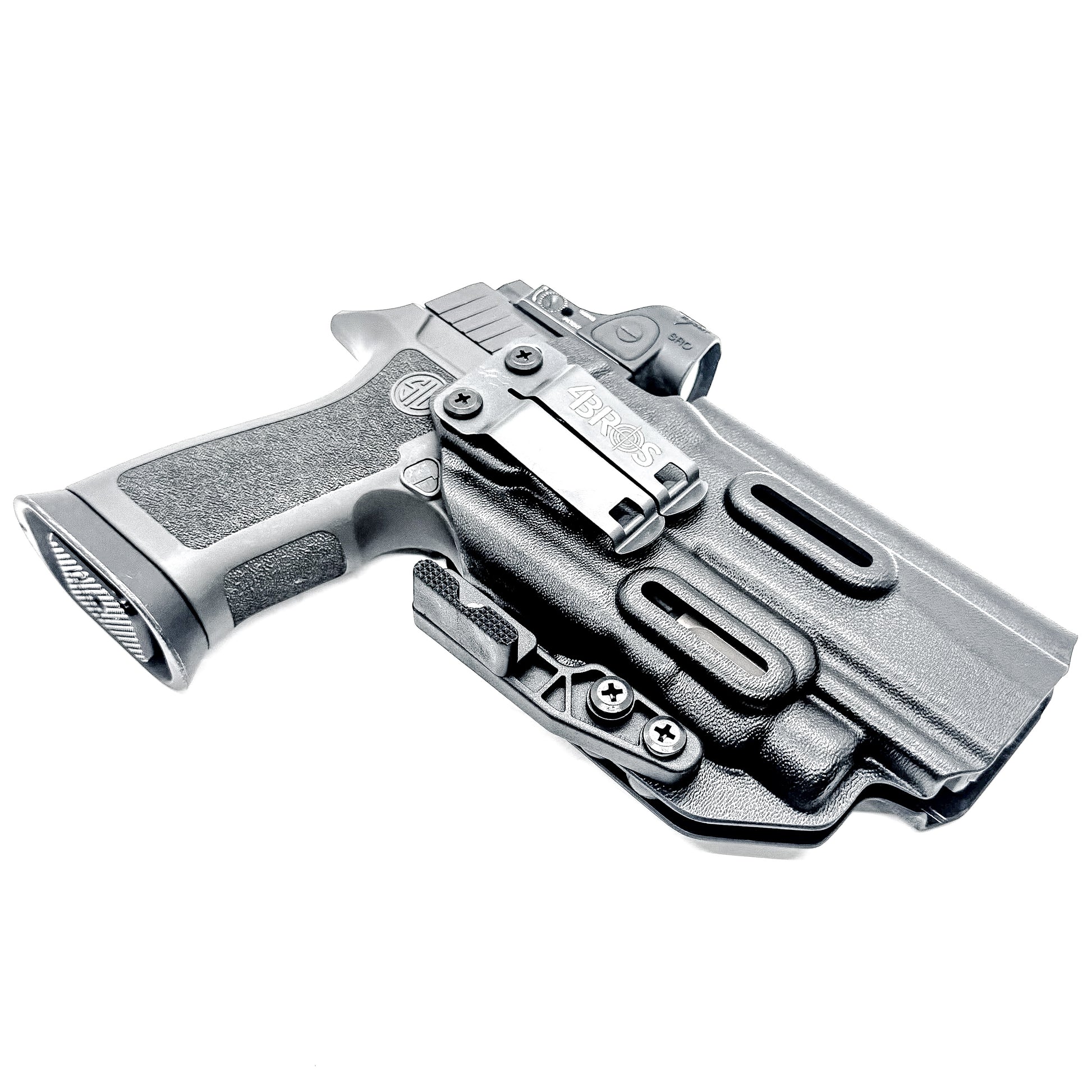 Inside Waistband IWB AIWB holster for the Sig Sauer P320 pistol & Streamlight TLR-7 X or A .  Shown in black with the DCC Monoblock and a Modwing.