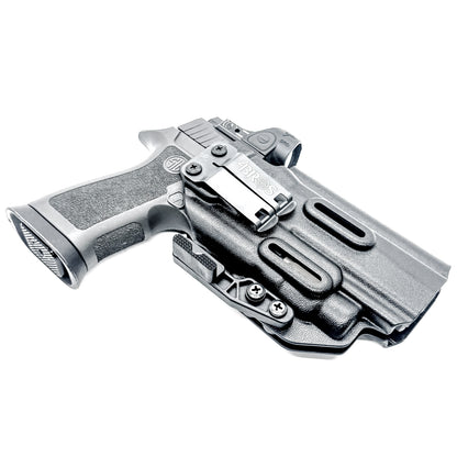 Inside Waistband IWB AIWB holster for the Sig Sauer P320 pistol & Streamlight TLR-7 X or A .  Shown in black with the DCC Monoblock and a Modwing.