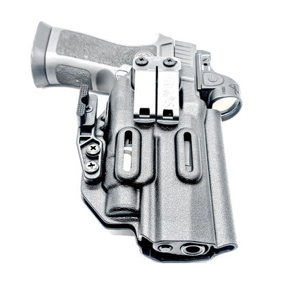 Inside Waistband IWB AIWB holster for the Sig Sauer P320 pistol & Streamlight TLR-7 X or A .  Shown in black with the DCC Monoblock and a Modwing.