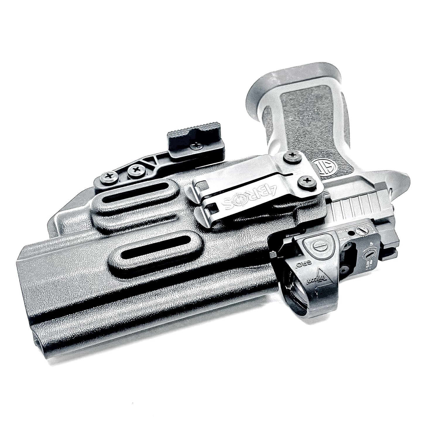 Inside Waistband IWB AIWB holster for the Sig Sauer P320 pistol & Streamlight TLR-7 X or A .  Shown in black with the DCC Monoblock and a Modwing.