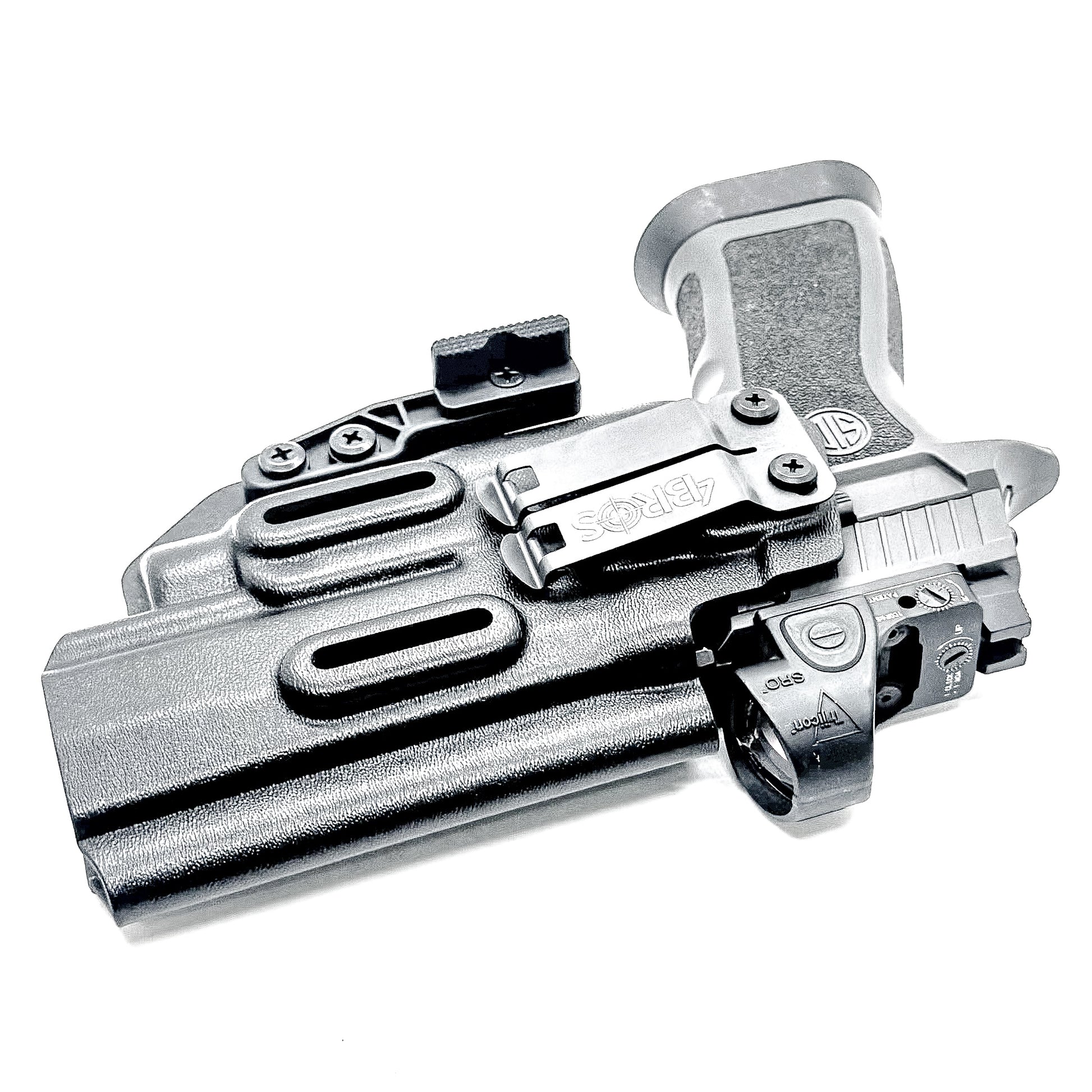 Inside Waistband IWB AIWB holster for the Sig Sauer P320 pistol & Streamlight TLR-7 X or A .  Shown in black with the DCC Monoblock and a Modwing.