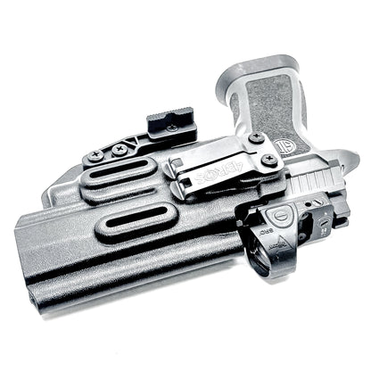 Inside Waistband IWB AIWB holster for the Sig Sauer P320 pistol & Streamlight TLR-7 X or A .  Shown in black with the DCC Monoblock and a Modwing.
