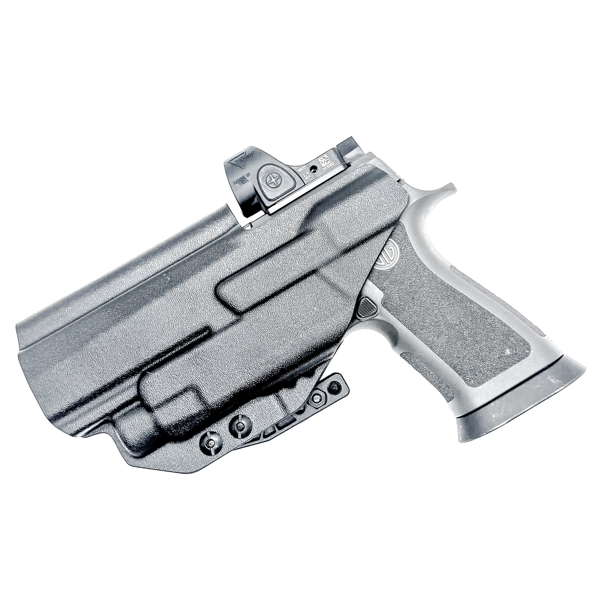 Inside Waistband IWB AIWB holster for the Sig Sauer P320 pistol & Streamlight TLR-7 X or A .  Shown in black with the DCC Monoblock and a Modwing.
