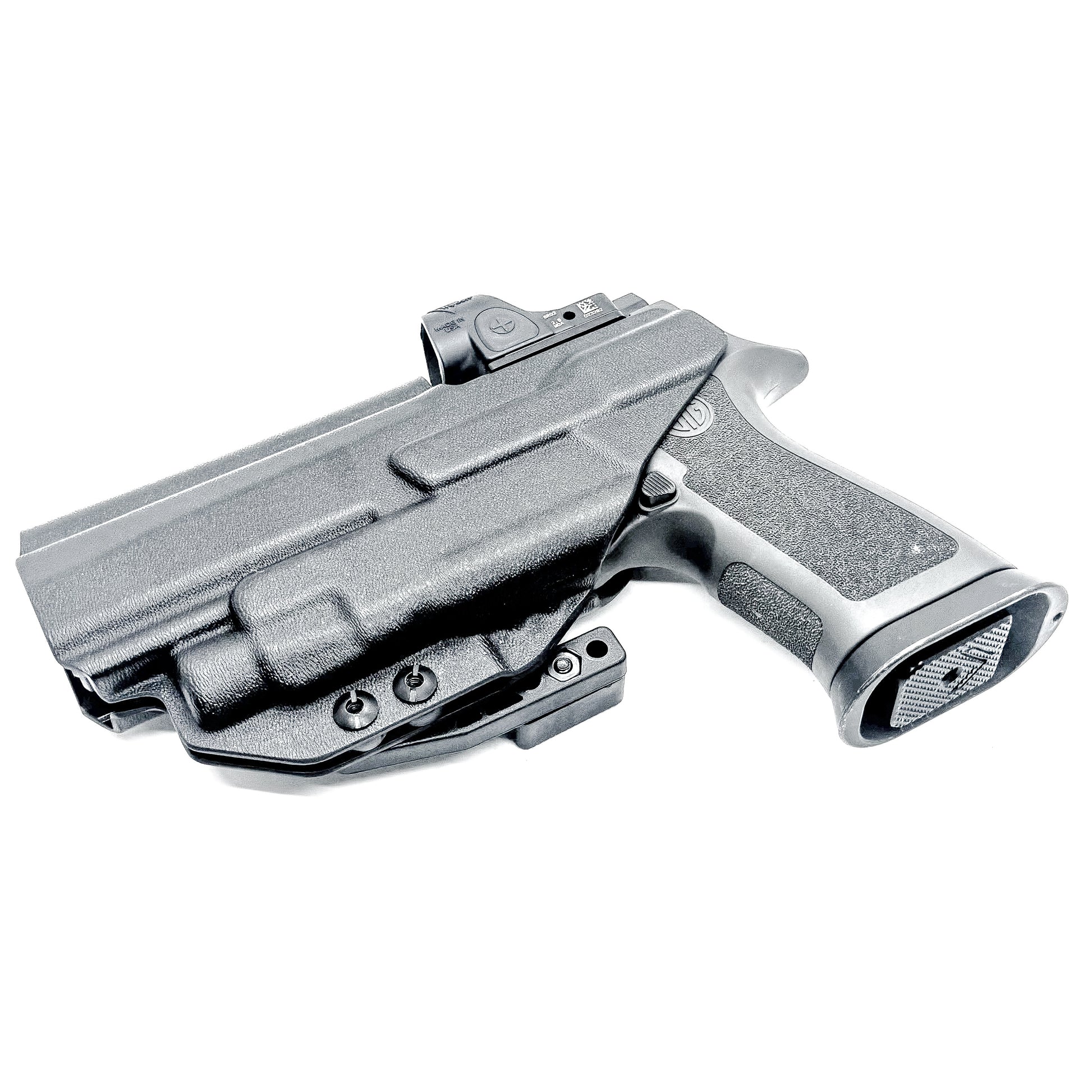 Inside Waistband IWB AIWB holster for the Sig Sauer P320 pistol & Streamlight TLR-7 X or A .  Shown in black with the DCC Monoblock and a Modwing.