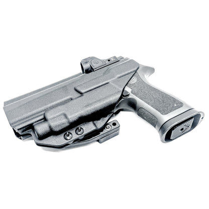 Inside Waistband IWB AIWB holster for the Sig Sauer P320 pistol & Streamlight TLR-7 X or A .  Shown in black with the DCC Monoblock and a Modwing.