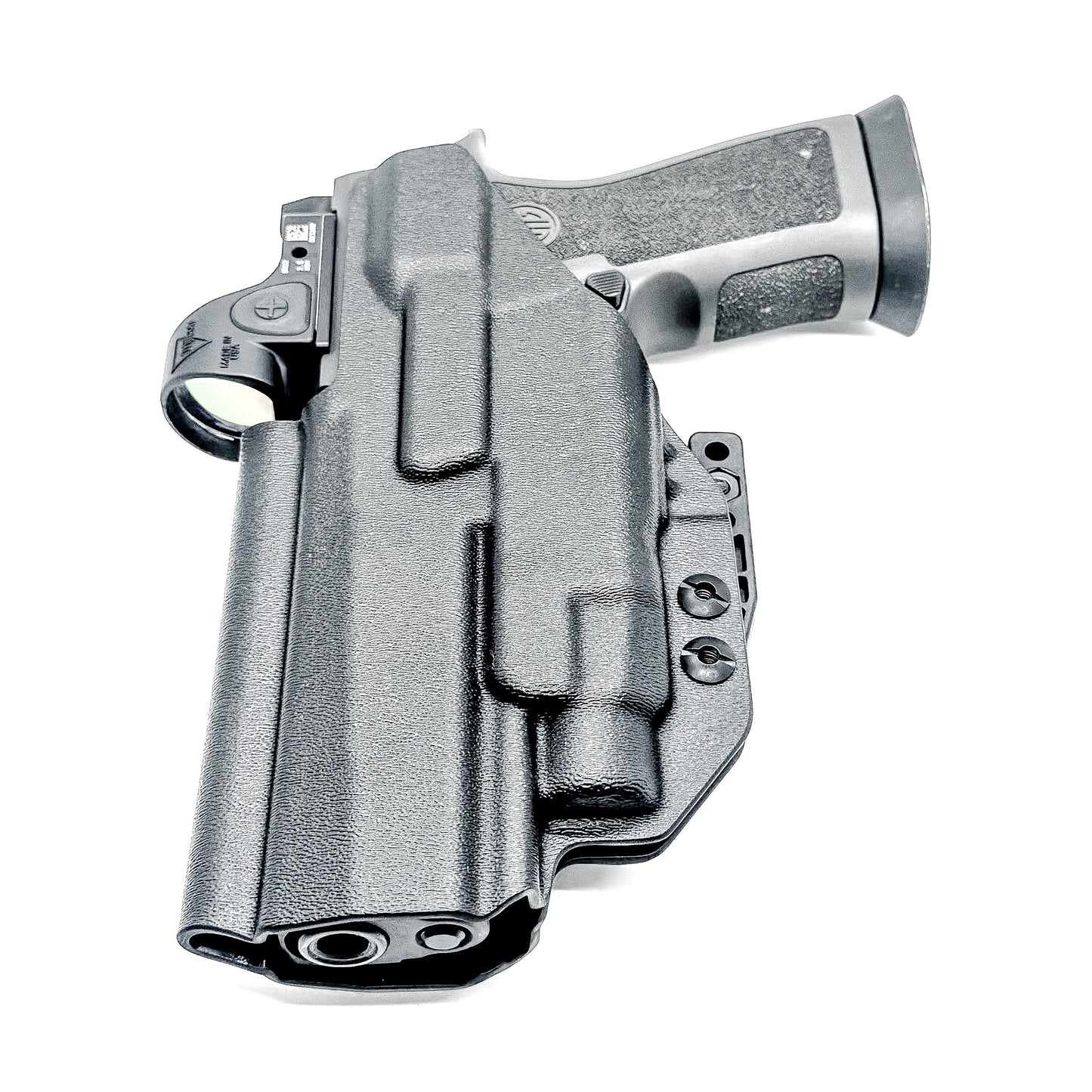 Inside Waistband IWB AIWB holster for the Sig Sauer P320 pistol & Streamlight TLR-7 X or A .  Shown in black with the DCC Monoblock and a Modwing.
