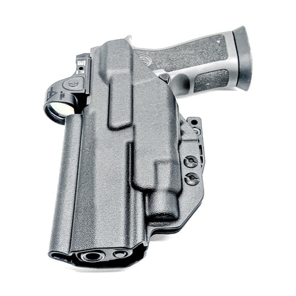Inside Waistband IWB AIWB holster for the Sig Sauer P320 pistol & Streamlight TLR-7 X or A .  Shown in black with the DCC Monoblock and a Modwing.