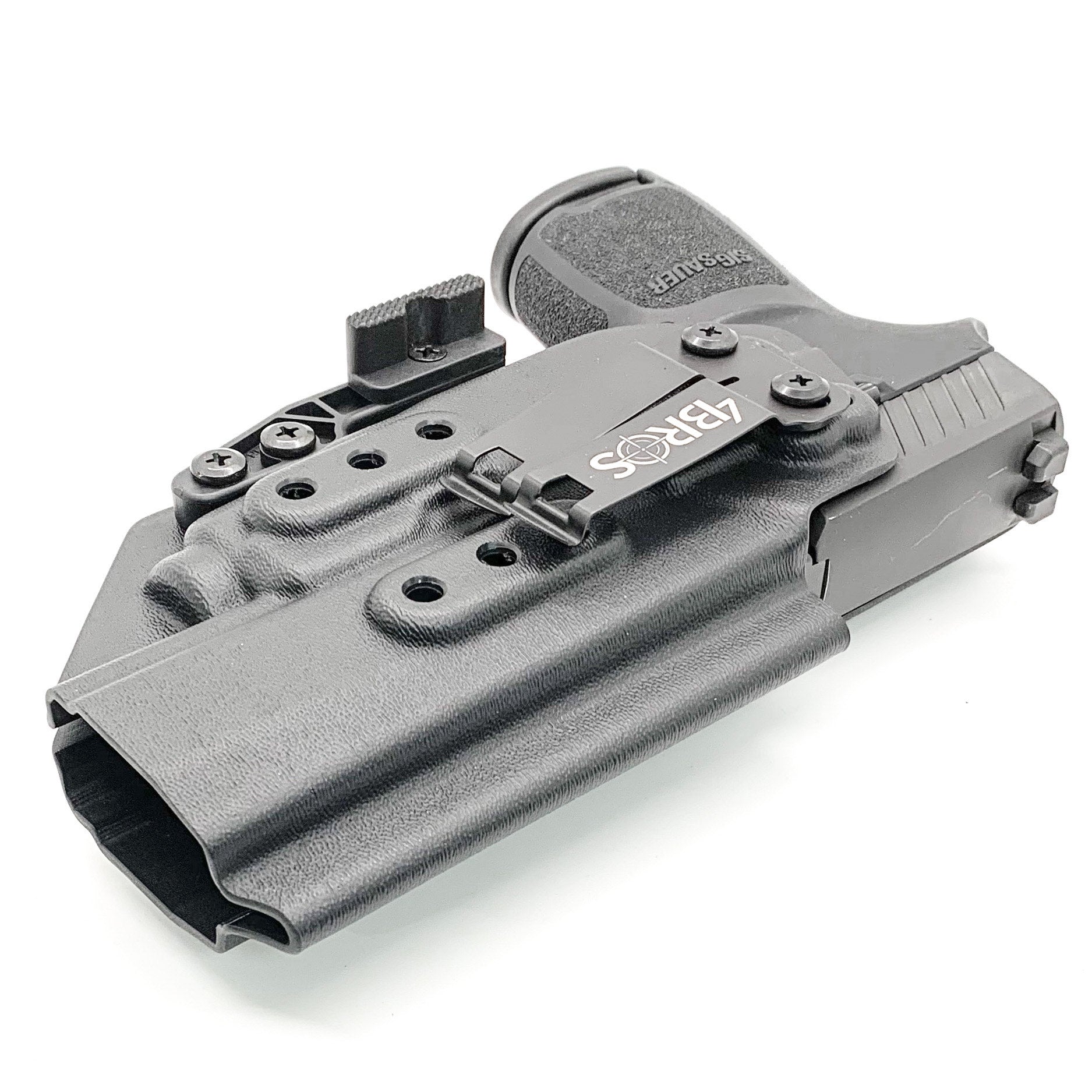 For the best, IWB holster for the Sig Sauer P320 Full Size, X5, & M17 with Streamlight TLR-7 X or A & Align Tactical Thumb Rest, shop Four Brothers holsters. 