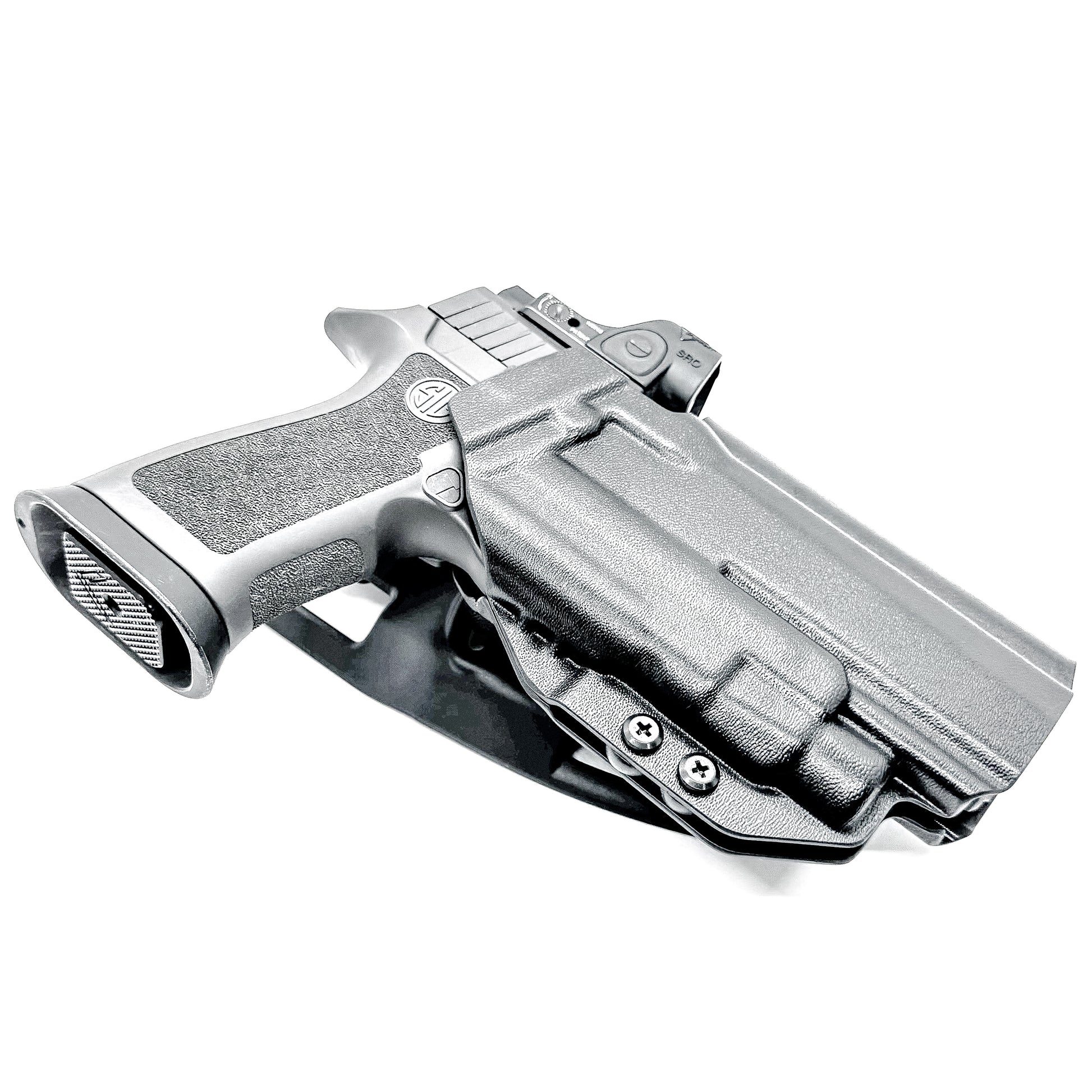 OWB Outside Waistband Competiton Holster for Sig Sauer P320 & Streamlight TLR-7 X & HL-X and Align Tactical Thumb Rest in black with a duty drop attachment.