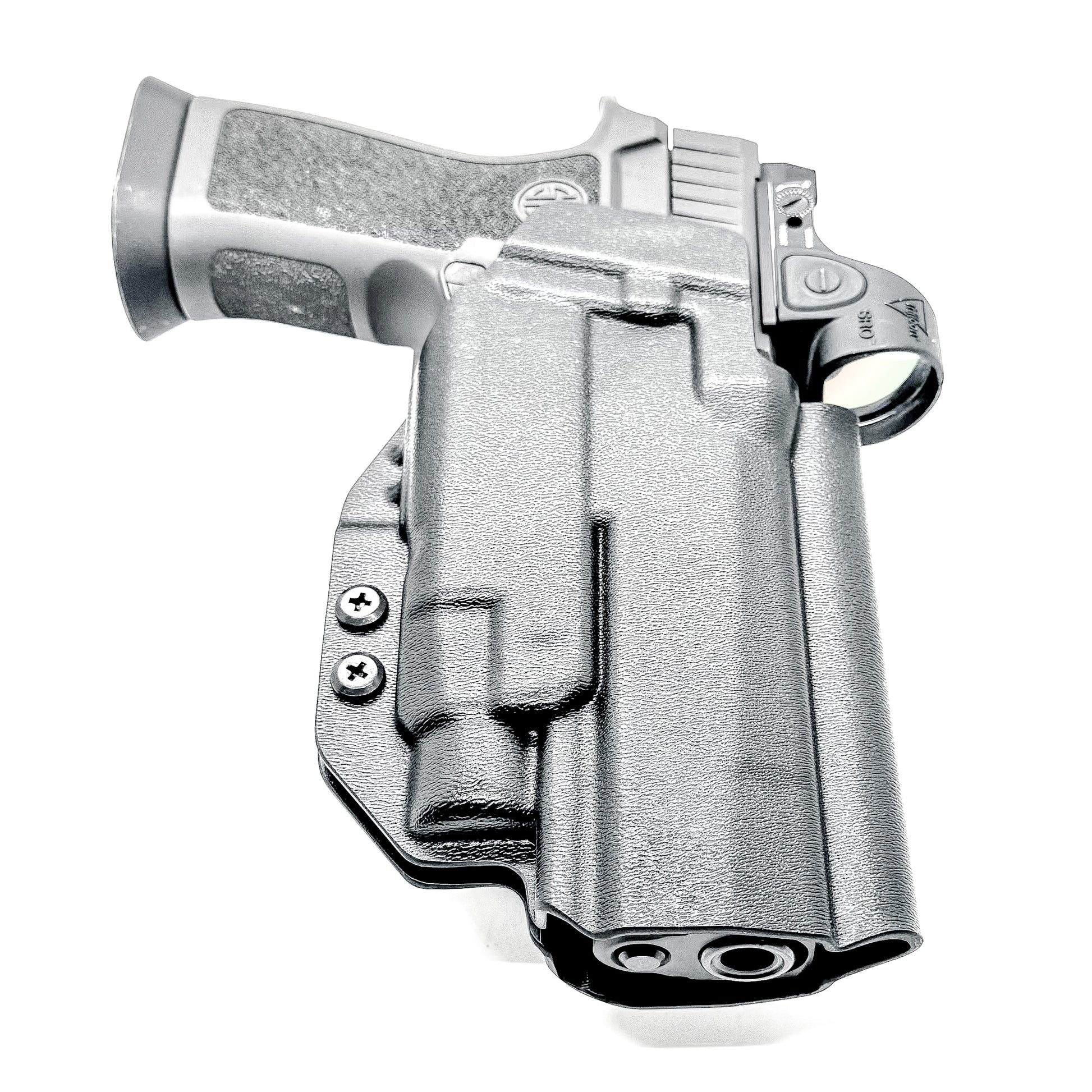OWB Outside Waistband Competiton Holster for Sig Sauer P320 & Streamlight TLR-7 X & HL-X and Align Tactical Thumb Rest in black with a duty drop attachment.