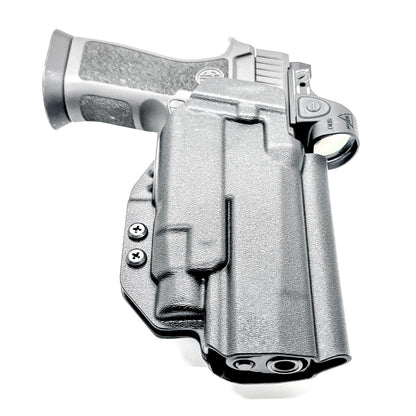 OWB Outside Waistband Competiton Holster for Sig Sauer P320 & Streamlight TLR-7 X & HL-X and Align Tactical Thumb Rest in black with a duty drop attachment.