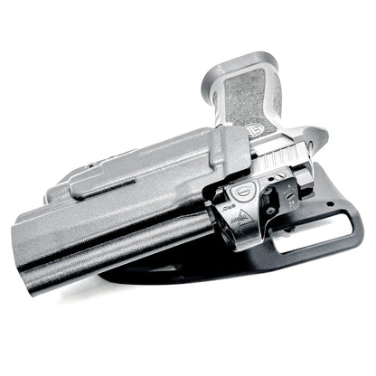 OWB Outside Waistband Competiton Holster for Sig Sauer P320 & Streamlight TLR-7 X & HL-X and Align Tactical Thumb Rest in black with a duty drop attachment.