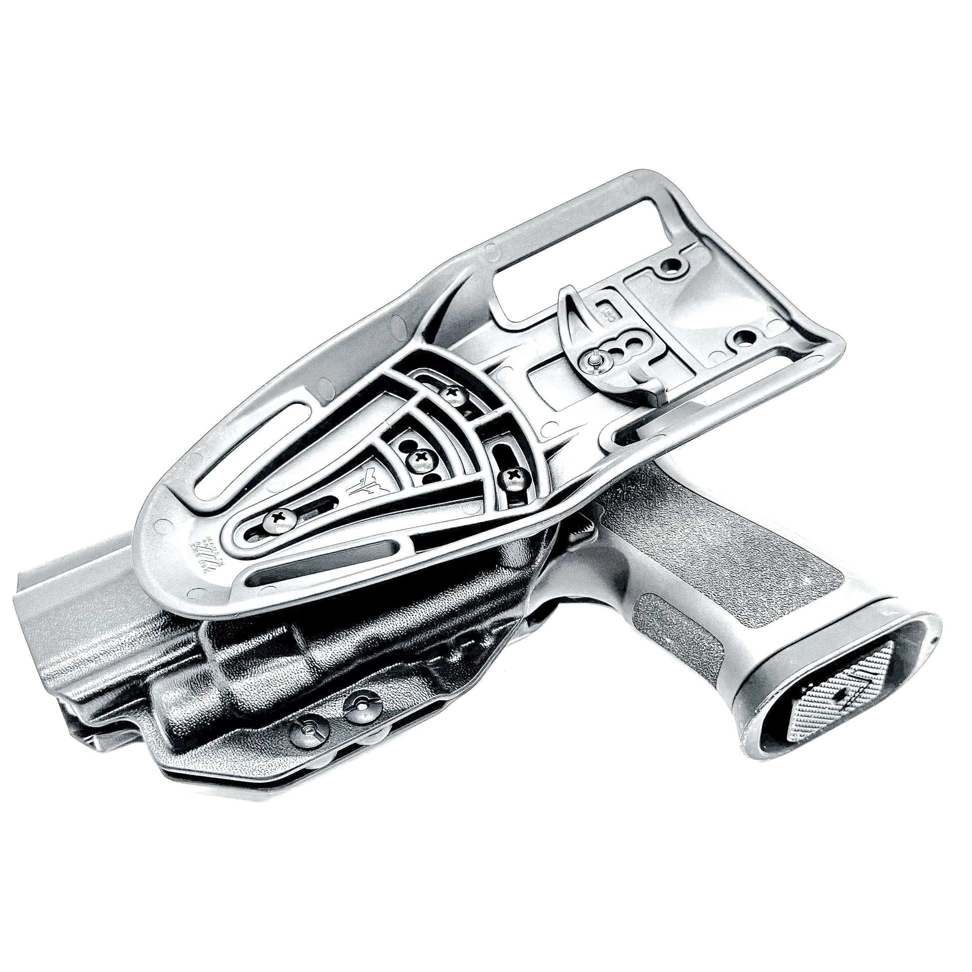 OWB Outside Waistband Competiton Holster for Sig Sauer P320 & Streamlight TLR-7 X & HL-X and Align Tactical Thumb Rest in black with a duty drop attachment.
