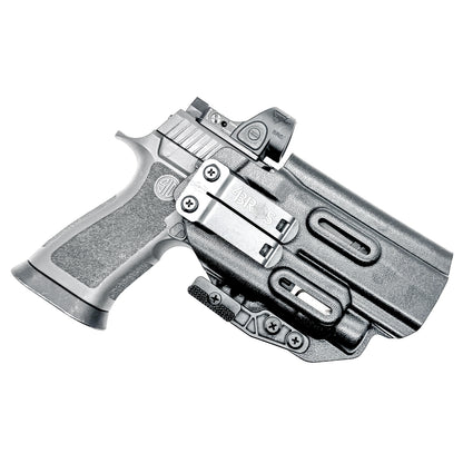 Black Inside Waistband IWB holster for the Sig Sauer P320 Full Size, X5, & M17 with Streamlight TLR-7 X or HL-X & Align Tactical Thumb Rest with a DCC Monoblock and a Modwing.