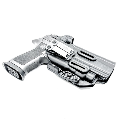 Black Inside Waistband IWB holster for the Sig Sauer P320 Full Size, X5, & M17 with Streamlight TLR-7 X or HL-X & Align Tactical Thumb Rest with a DCC Monoblock and a Modwing.