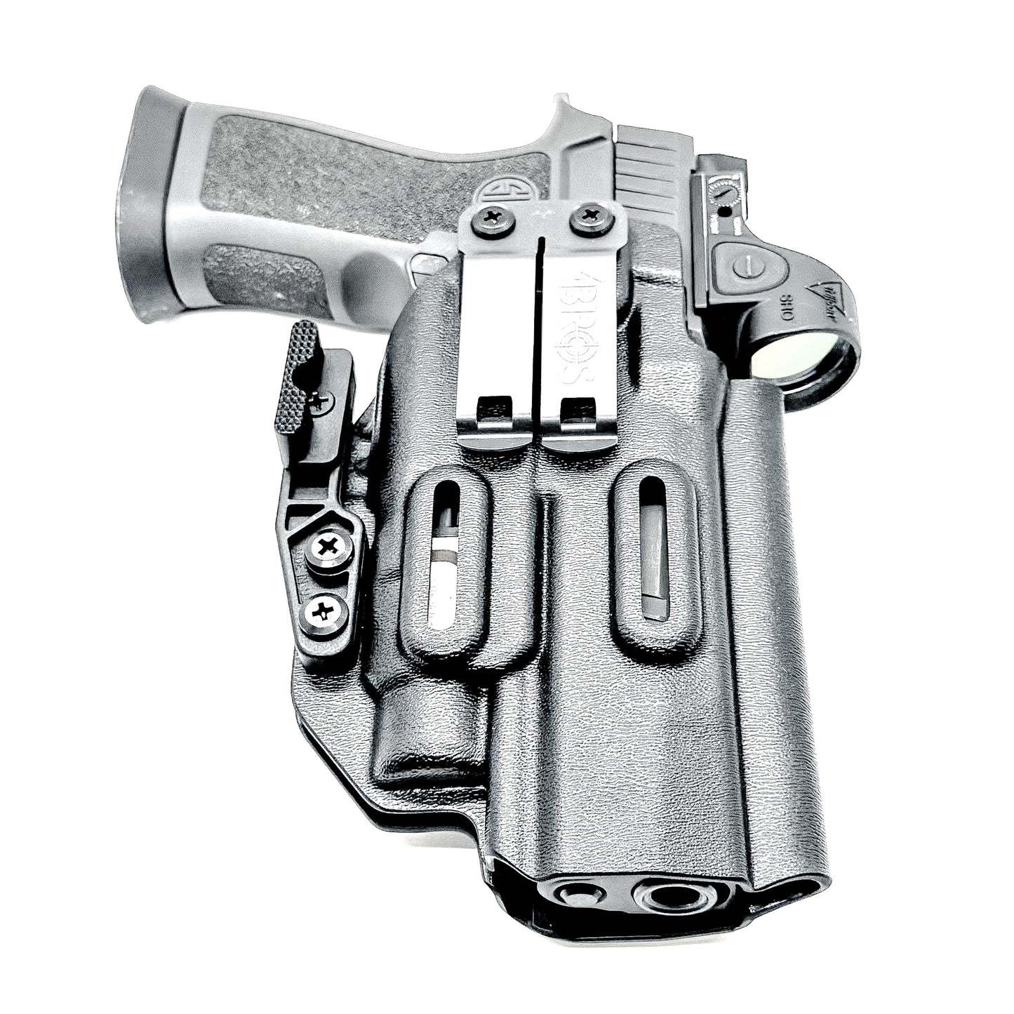 Black Inside Waistband IWB holster for the Sig Sauer P320 Full Size, X5, & M17 with Streamlight TLR-7 X or HL-X & Align Tactical Thumb Rest with a DCC Monoblock and a Modwing.