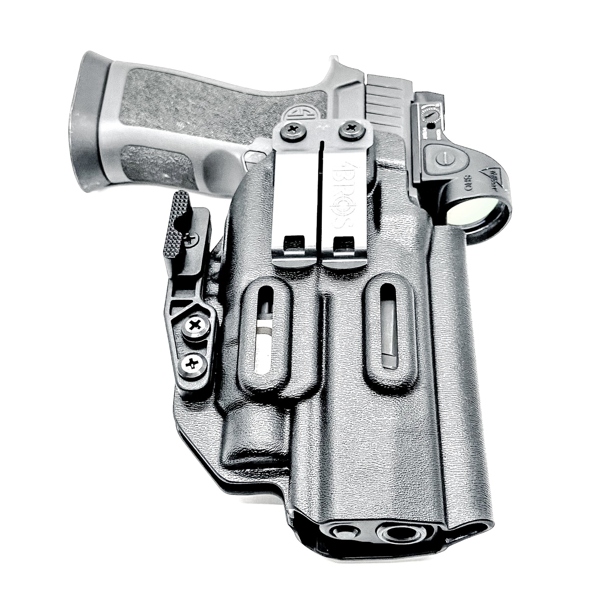 Black Inside Waistband IWB holster for the Sig Sauer P320 Full Size, X5, & M17 with Streamlight TLR-7 X or HL-X & Align Tactical Thumb Rest with a DCC Monoblock and a Modwing.