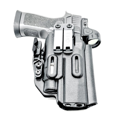 Black Inside Waistband IWB holster for the Sig Sauer P320 Full Size, X5, & M17 with Streamlight TLR-7 X or HL-X & Align Tactical Thumb Rest with a DCC Monoblock and a Modwing.