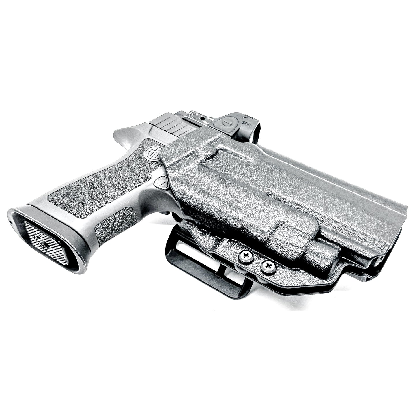 Black Outside Waistband OWB Holster for the Sig Sauer P320 Full Size, X5 or M17 & Streamlight TLR-7 X or HL-X & Align Tactical Thumb Rest with a 4BROS 1.5" Belt Slide.
