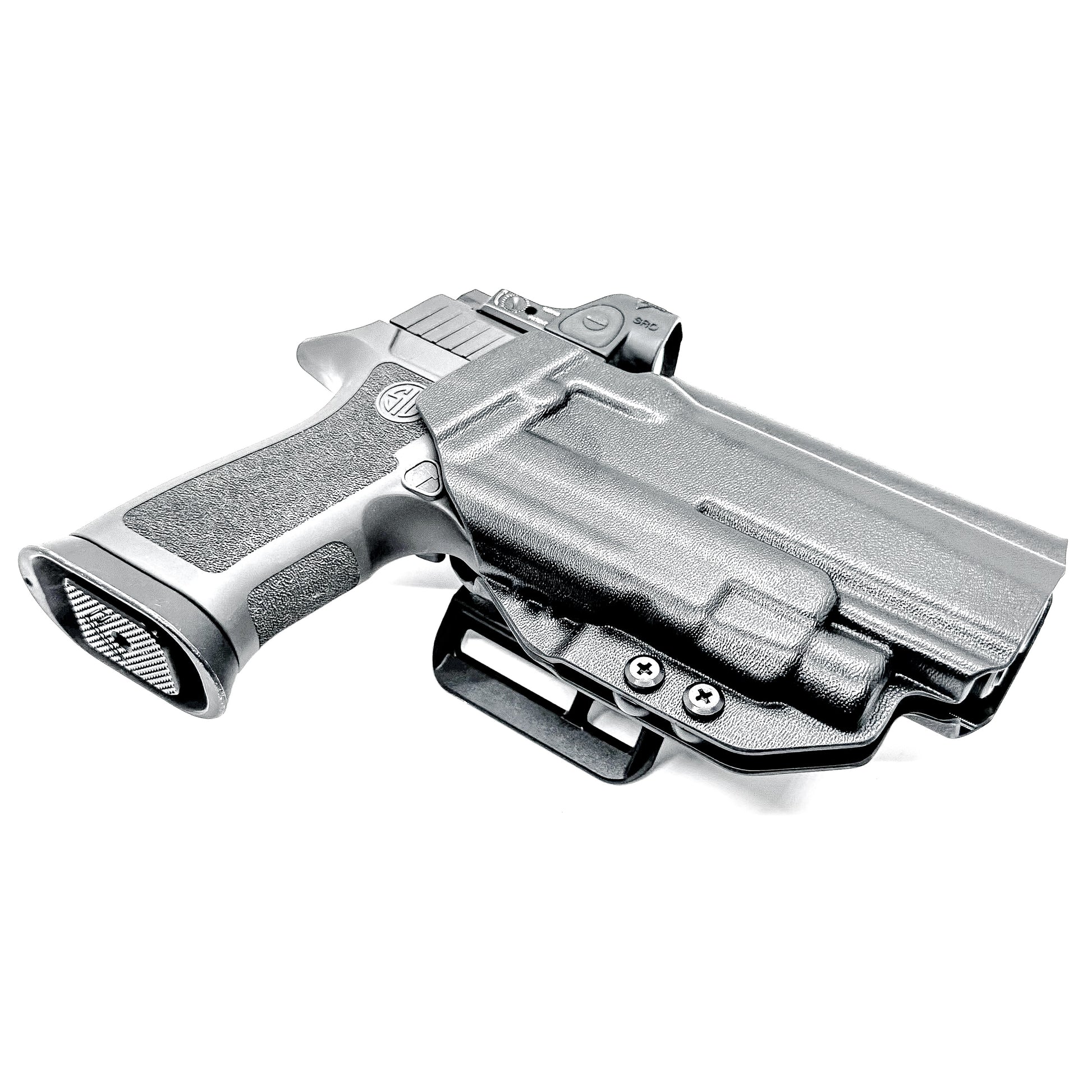 Black Outside Waistband OWB Holster for the Sig Sauer P320 Full Size, X5 or M17 & Streamlight TLR-7 X or HL-X & Align Tactical Thumb Rest with a 4BROS 1.5" Belt Slide.