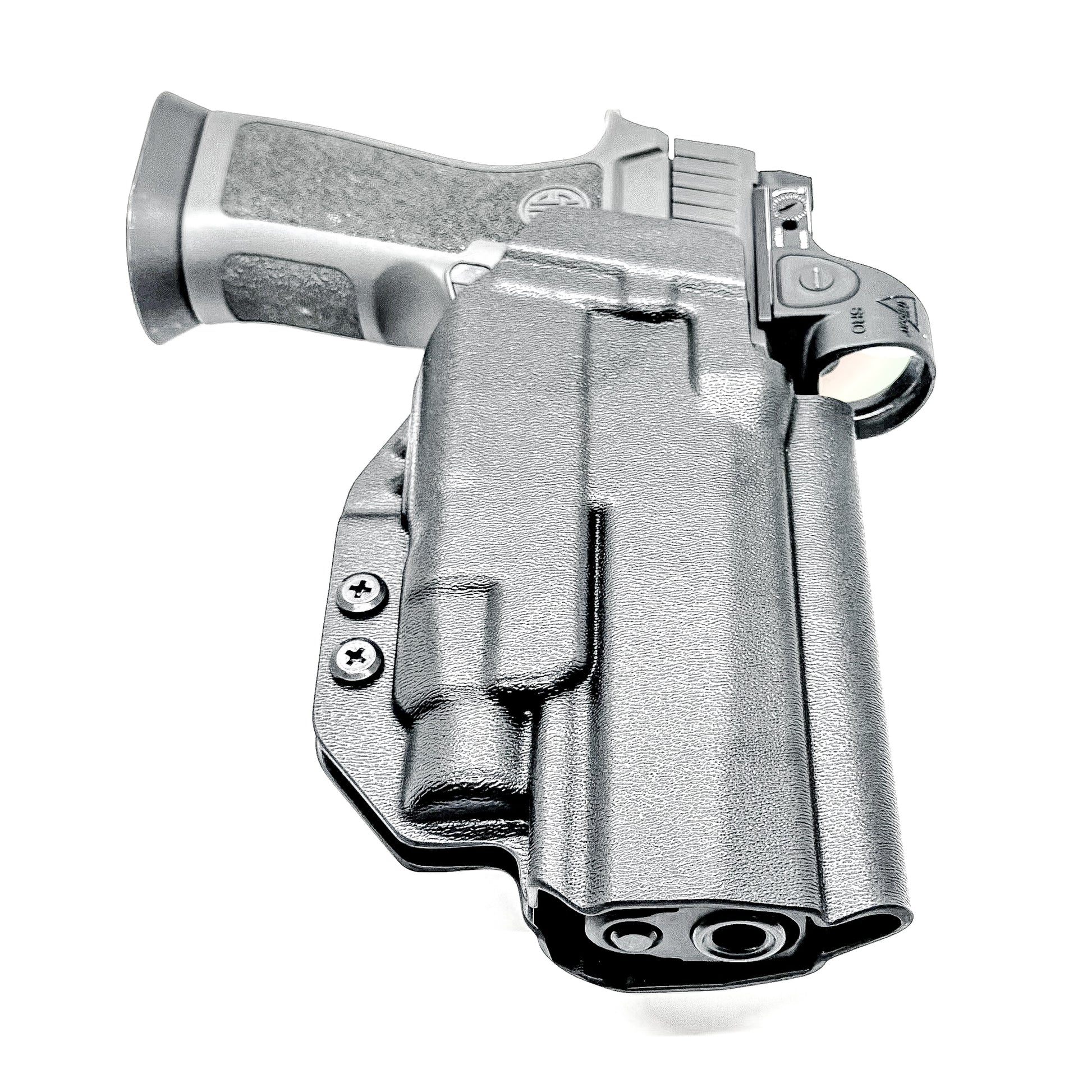 Black Outside Waistband OWB Holster for the Sig Sauer P320 Full Size, X5 or M17 & Streamlight TLR-7 X or HL-X & Align Tactical Thumb Rest with a 4BROS 1.5" Belt Slide.