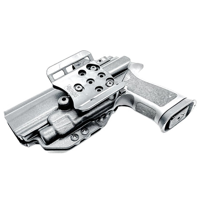 Black Outside Waistband OWB Holster for the Sig Sauer P320 Full Size, X5 or M17 & Streamlight TLR-7 X or HL-X & Align Tactical Thumb Rest with a 4BROS 1.5" Belt Slide.
